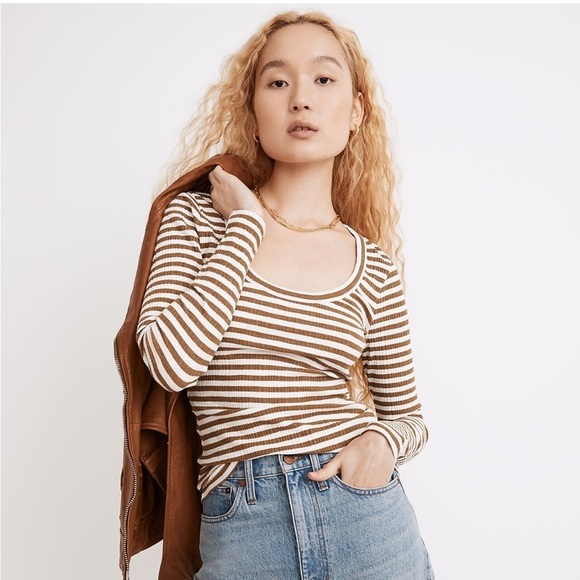 Madewell Dark Mustard Stripe Pointelle Square-Scoop Tee - Picture 1 of 5